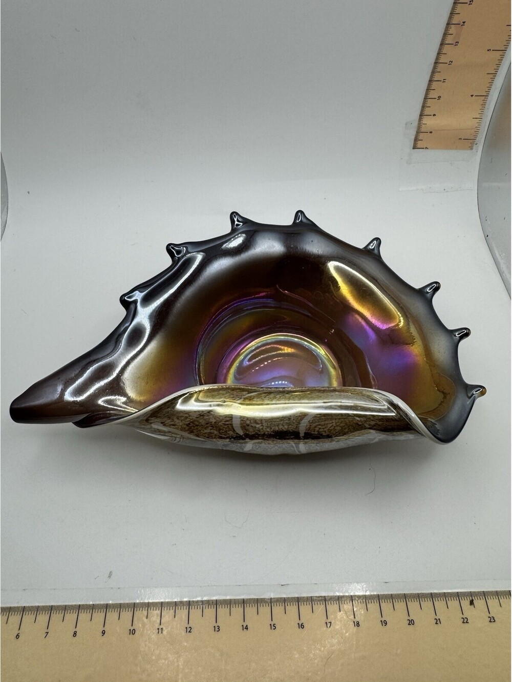 Vintage Krosno Jozefina Iridescent Art Glass Conch Shell Bowl Made In Poland